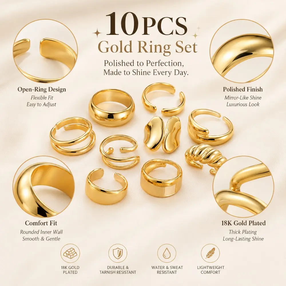 Dames 10-delige 18K vergulde d - Minimalist Ring Stackable recensie en prijs
